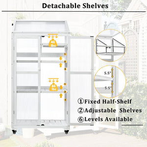 English Elm Topmax Fir Wood Polycarbonate Cold Frame Greenhouse with Wheels Adjustable Shelves Outdoor White WF297923AAK