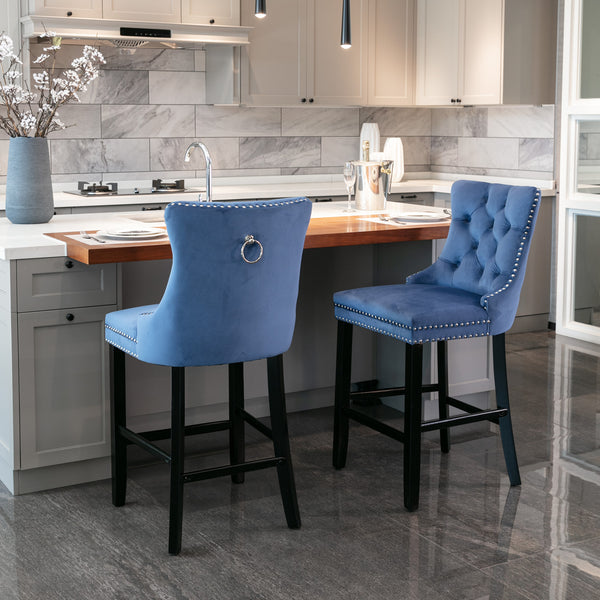 English Elm Contemporary Velvet Upholstered Barstool with Button Tufting, Solid Wood Frame, High-Rebound Foam Cushion and Chrome Nailhead Trim for Durable Comfort and Style Blue W1143P177249
