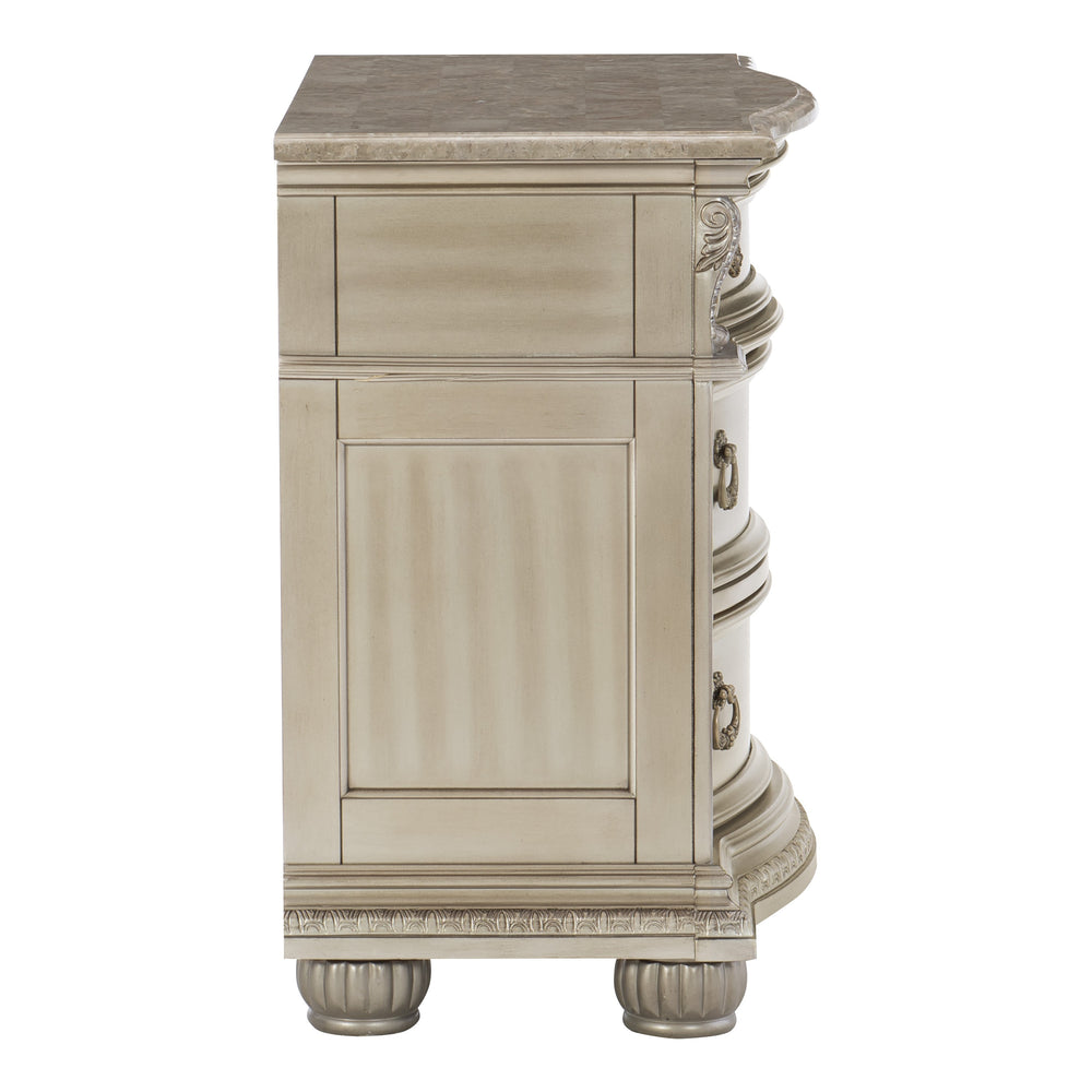 English Elm Silver Cavalier Nightstand with Genuine Marble Top, Silver Finish, Carved Acanthus Details, 34.5" x 19.5" x 32.5" B01172438