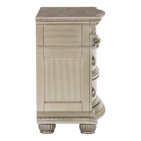 English Elm Silver Cavalier Nightstand with Genuine Marble Top, Silver Finish, Carved Acanthus Details, 34.5" x 19.5" x 32.5" B01172438