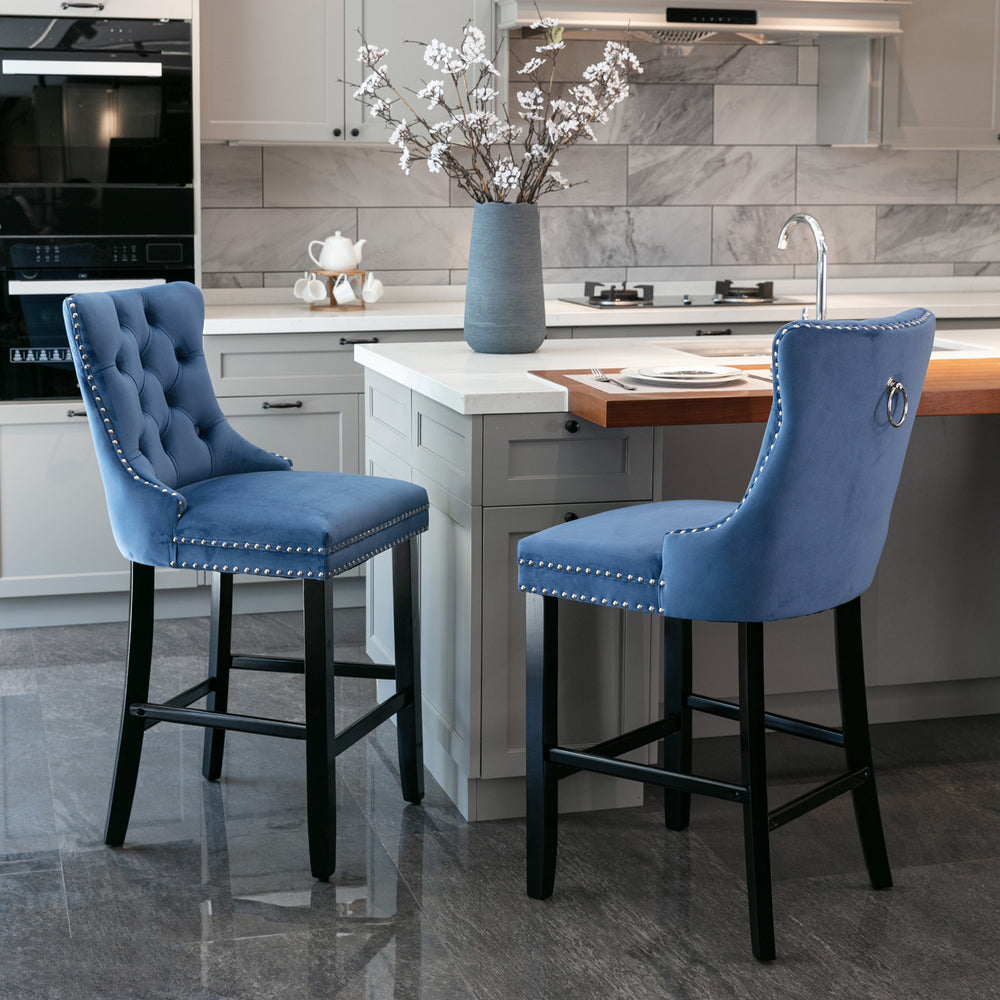 English Elm Contemporary Velvet Upholstered Barstool with Button Tufting, Solid Wood Frame, High-Rebound Foam Cushion and Chrome Nailhead Trim for Durable Comfort and Style Blue W1143P177249