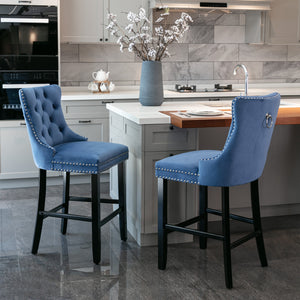 English Elm Contemporary Velvet Upholstered Barstool with Button Tufting, High-Density Foam Cushion, Solid Wood Blue W1143P177249