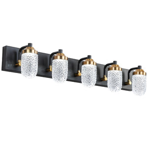 English Elm Vanity Light Bar with Five Led Bulbs Matte Black Frame Clear Glass Bathroom Mirror W134070913