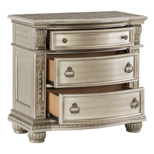 English Elm Silver Cavalier Nightstand with Genuine Marble Top, Silver Finish, Carved Acanthus Details, 34.5" x 19.5" x 32.5" B01172438