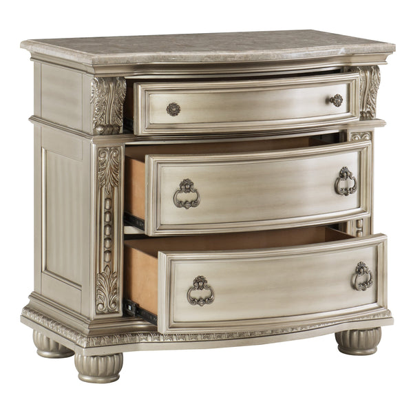 English Elm Silver Cavalier Nightstand with Genuine Marble Top, Silver Finish, Carved Acanthus Details, 34.5" x 19.5" x 32.5" B01172438