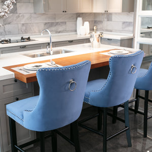English Elm Contemporary Velvet Upholstered Barstool with Button Tufting, Solid Wood Frame, High-Rebound Foam Cushion and Chrome Nailhead Trim for Durable Comfort and Style Blue W1143P177249