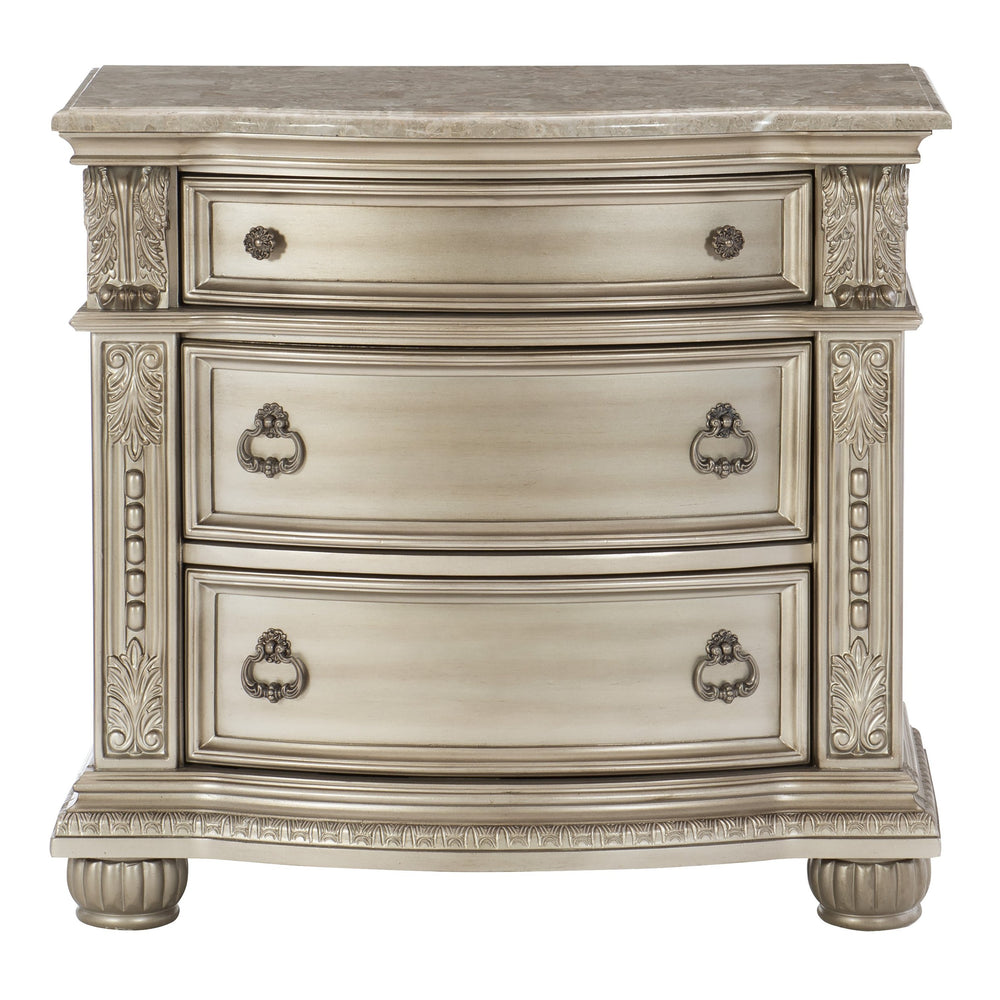 English Elm Silver Cavalier Nightstand with Genuine Marble Top, Silver Finish, Carved Acanthus Details, 34.5" x 19.5" x 32.5" B01172438