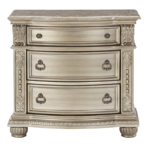 English Elm Silver Cavalier Nightstand with Genuine Marble Top, Silver Finish, Carved Acanthus Details, 34.5" x 19.5" x 32.5" B01172438