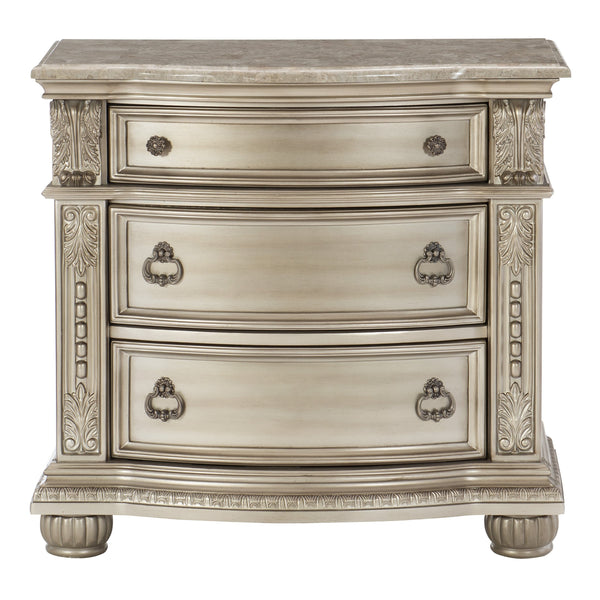 English Elm Silver Cavalier Nightstand with Genuine Marble Top, Silver Finish, Carved Acanthus Details, 34.5" x 19.5" x 32.5" B01172438