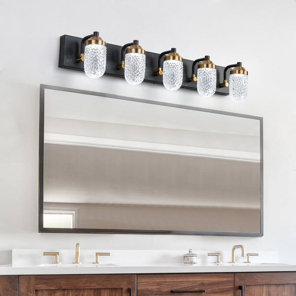 English Elm Vanity Light Bar with Five Led Bulbs Matte Black Frame Clear Glass Bathroom Mirror W134070913