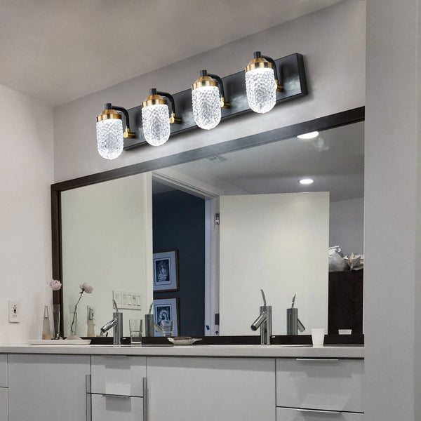 English Elm Vanity Clear Glass LED Bathroom Light 4-Bulb Matte Black Frame Energy-Saving 50,000H Fixture W134070912