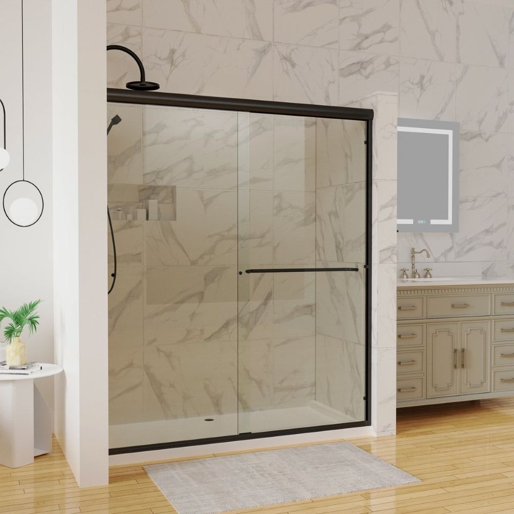 English Elm 60 in Matte Black Sliding Shower Door with Clear Glass Panel for Modern Bathrooms W63766791