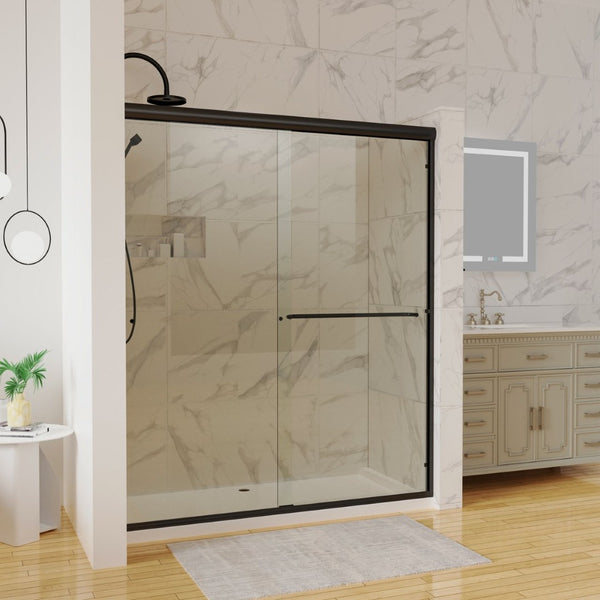 English Elm 60 in Matte Black Sliding Shower Door with Clear Glass Panel for Modern Bathrooms W63766791