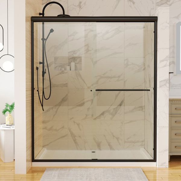 English Elm 60 in Matte Black Sliding Shower Door with Clear Glass Panel for Modern Bathrooms W63766791