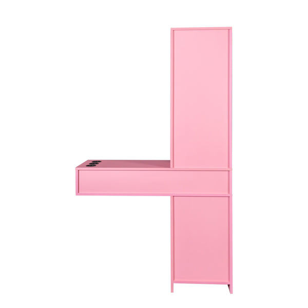 English Elm Pink Modern Hair Desk with Multi-Layer Storage, 2 Drawers & Cabinet, Hair Dryer Ports for Salon/Home W33163007