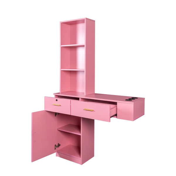English Elm Pink Modern Hair Desk with Multi-Layer Storage, 2 Drawers & Cabinet, Hair Dryer Ports for Salon/Home W33163007