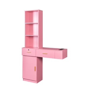 English Elm Pink Modern Hair Desk with Multi-Layer Storage, 2 Drawers & Cabinet, Hair Dryer Ports for Salon/Home W33163007