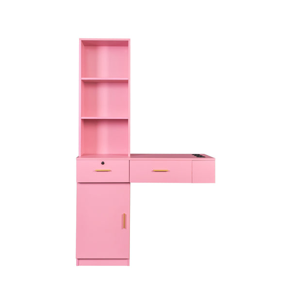 English Elm Pink Modern Hair Desk with Multi-Layer Storage, 2 Drawers & Cabinet, Hair Dryer Ports for Salon/Home W33163007