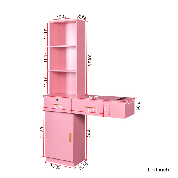 English Elm Pink Modern Hair Desk with Multi-Layer Storage, 2 Drawers & Cabinet, Hair Dryer Ports for Salon/Home W33163007