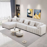 English Elm 139'' Channel Tufted Sofa Velvet Upholstered Left Chaise Modular Sofa Beige