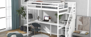 English Elm Twin Loft Bed with Storage Staircase and Built-In Desk, Solid Pine & MDF, Space-Saving Kids Furniture White GX000422AAK
