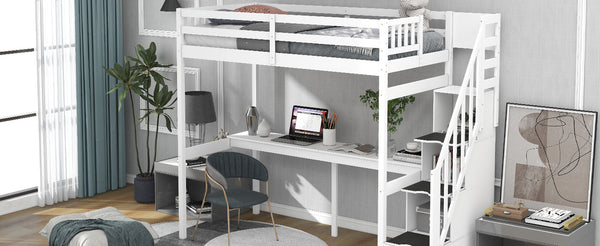 English Elm Twin Loft Bed with Storage Staircase and Built-In Desk, Solid Pine & MDF, Space-Saving Kids Furniture White GX000422AAK