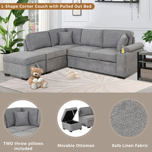 English Elm 84.75" Linen Sectional Sleeper Sofa with Storage Ottoman for Apartment Living SG000550AAE