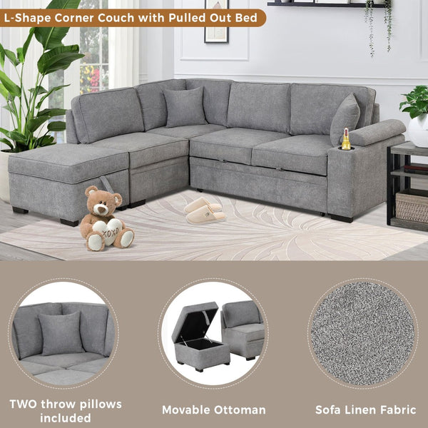 English Elm 84.75" Linen Sectional Sleeper Sofa with Storage Ottoman for Apartment Living SG000550AAE