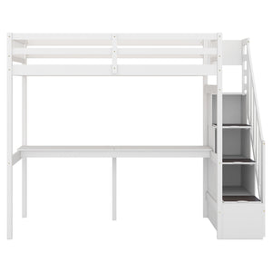 English Elm Twin Loft Bed with Storage Staircase and Built-In Desk, Solid Pine & MDF, Space-Saving Kids Furniture White GX000422AAK