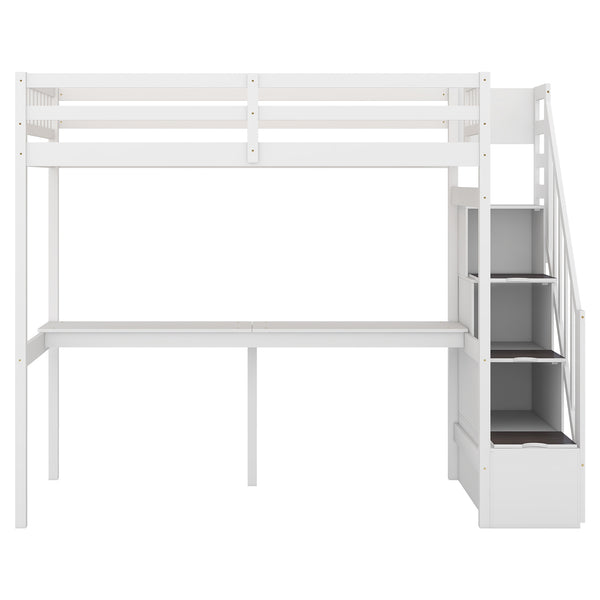 English Elm Twin Loft Bed with Storage Staircase and Built-In Desk, Solid Pine & MDF, Space-Saving Kids Furniture White GX000422AAK