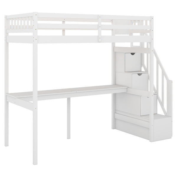 English Elm Twin Loft Bed with Storage Staircase and Built-In Desk, Solid Pine & MDF, Space-Saving Kids Furniture White GX000422AAK