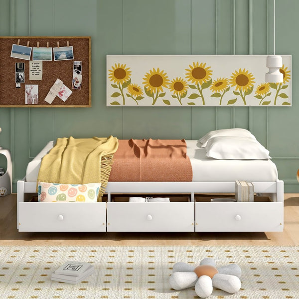 English Elm Twin Platform Storage Bed with 3 Under Frame Drawers Pine Wood Low Profile WF193634AAK