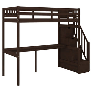 English Elm Twin Loft Bed with Storage Staircase and Built-In Desk, Solid Pine & MDF, Space-Saving Kids Furniture Espresso GX000422AAP