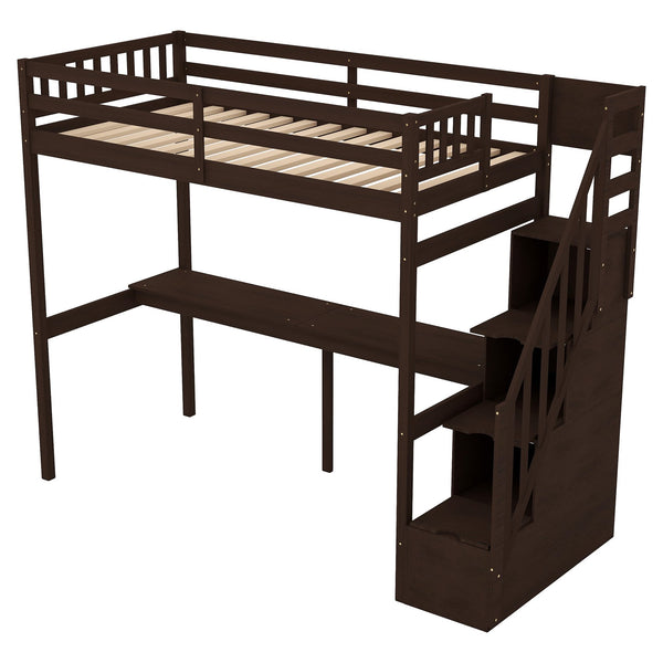 English Elm Twin Loft Bed with Storage Staircase and Built-In Desk, Solid Pine & MDF, Space-Saving Kids Furniture Espresso GX000422AAP