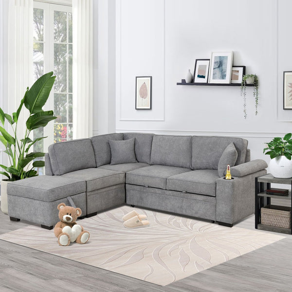 English Elm 84.75" Linen Sectional Sleeper Sofa with Storage Ottoman for Apartment Living SG000550AAE