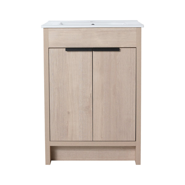 English Elm Freestanding Bathroom Vanity with Ceramic Sink, Soft-Close Doors, Adjustable Shelf, Water-Resist Finish W999S00060