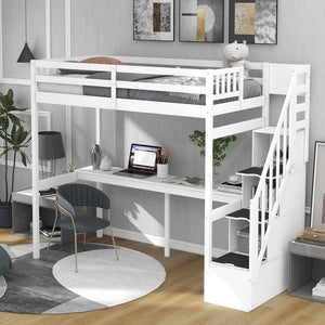 English Elm Twin Loft Bed with Storage Staircase and Built-In Desk, Solid Pine & MDF, Space-Saving Kids Furniture White GX000422AAK