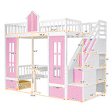 Hearth and Haven Twin over Twin Bunk Bed with Changeable Bottom Bed to Desk and 2 Drawers, Pink