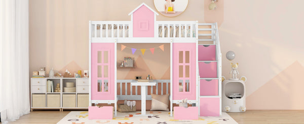 English Elm Twin-over-twin Bunk Bed Convertible Lower Desk Solid Pine Kids Bedroom Space Saver LT000681AAH-1