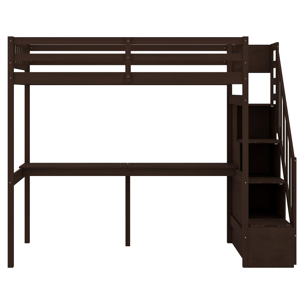 English Elm Twin Loft Bed with Storage Staircase and Built-In Desk, Solid Pine & MDF, Space-Saving Kids Furniture Espresso GX000422AAP