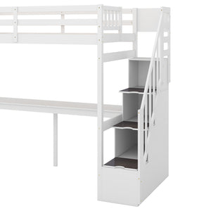 English Elm Twin Loft Bed with Storage Staircase and Built-In Desk, Solid Pine & MDF, Space-Saving Kids Furniture White GX000422AAK