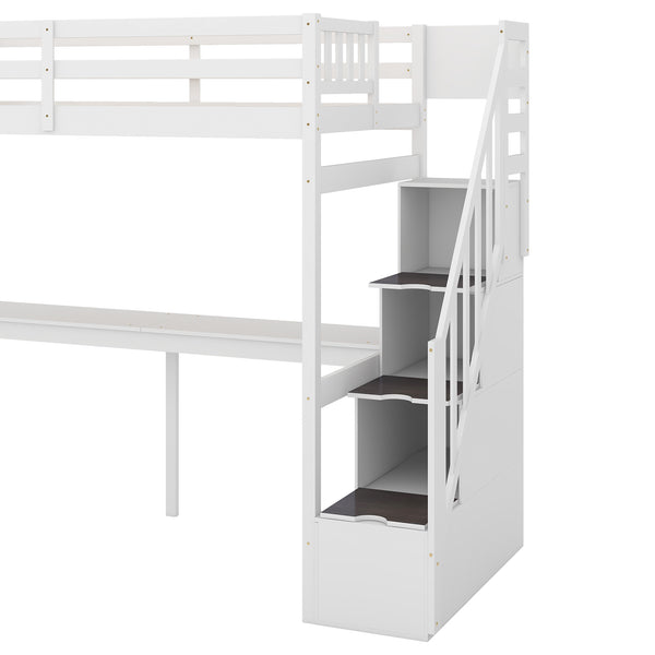English Elm Twin Loft Bed with Storage Staircase and Built-In Desk, Solid Pine & MDF, Space-Saving Kids Furniture White GX000422AAK