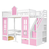 Hearth and Haven Twin over Twin Bunk Bed with Changeable Bottom Bed to Desk and 2 Drawers, Pink