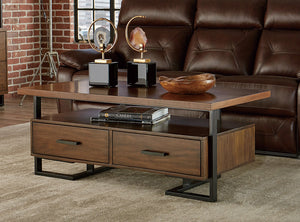 English Elm Contemporary Sedley Coffee Table with Drawers, Walnut Veneer Top & Rustic Black Metal Frame, 48" B01172870