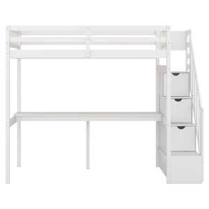 English Elm Twin Loft Bed with Storage Staircase and Built-In Desk, Solid Pine & MDF, Space-Saving Kids Furniture White GX000422AAK