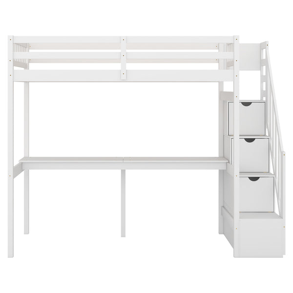 English Elm Twin Loft Bed with Storage Staircase and Built-In Desk, Solid Pine & MDF, Space-Saving Kids Furniture White GX000422AAK