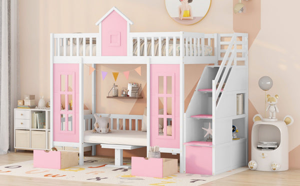 English Elm Twin-over-twin Bunk Bed Convertible Lower Desk Solid Pine Kids Bedroom Space Saver LT000681AAH-1