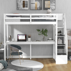 English Elm Twin Loft Bed with Storage Staircase and Built-In Desk, Solid Pine & MDF, Space-Saving Kids Furniture White GX000422AAK