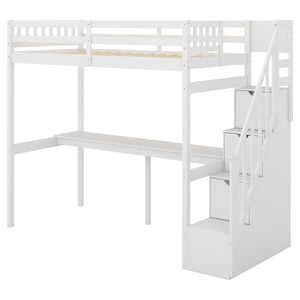 English Elm Twin Loft Bed with Storage Staircase and Built-In Desk, Solid Pine & MDF, Space-Saving Kids Furniture White GX000422AAK