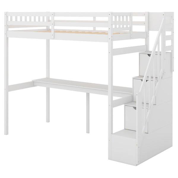 English Elm Twin Loft Bed with Storage Staircase and Built-In Desk, Solid Pine & MDF, Space-Saving Kids Furniture White GX000422AAK